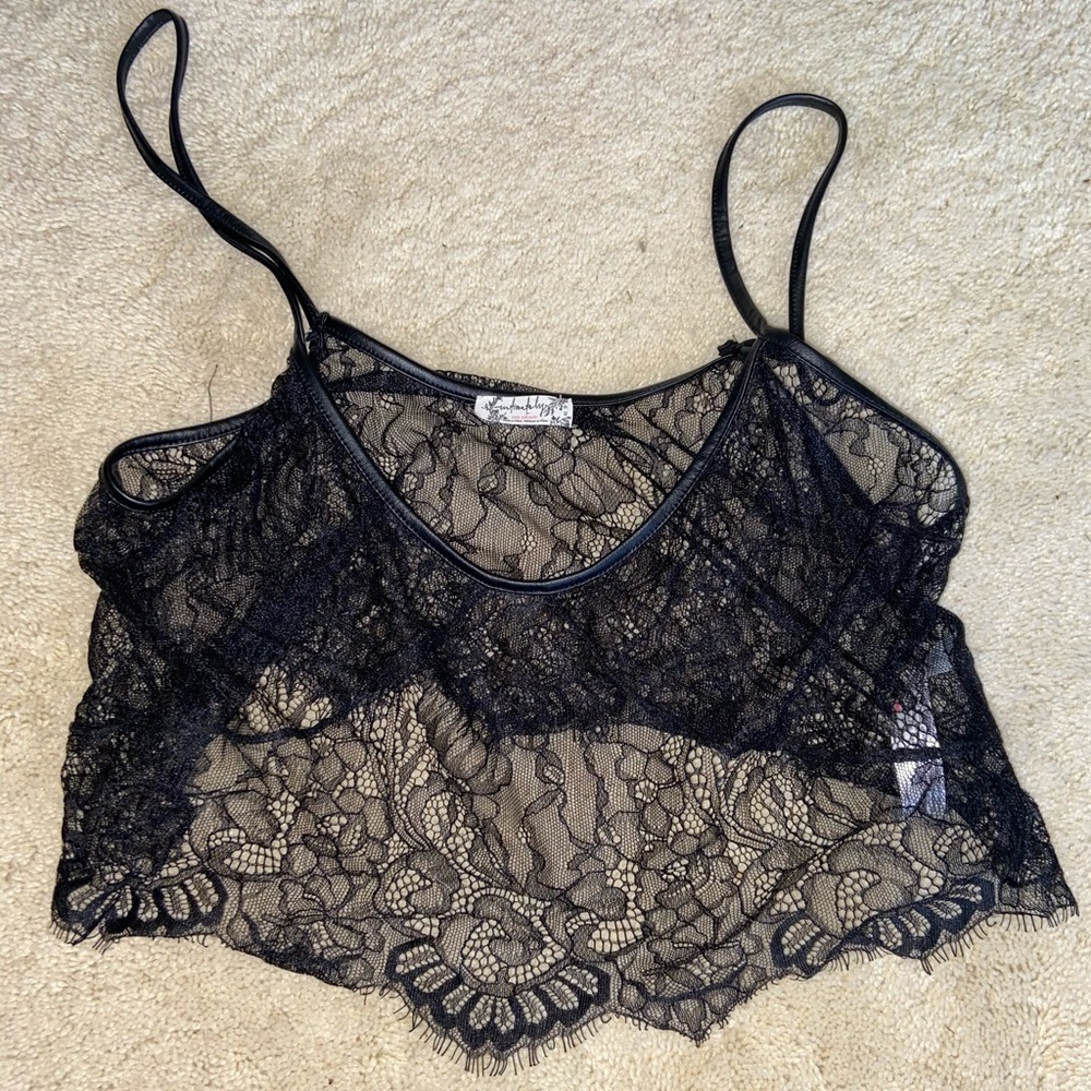 Free People Black Lace Brami with Leather Detail